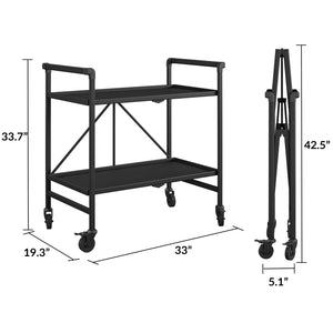Folding Serving Cart with 2 Shelves - Black - Solid Shelf