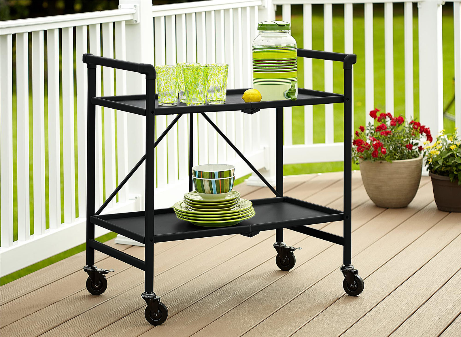 Folding Serving Cart with 2 Shelves - Black - Solid Shelf