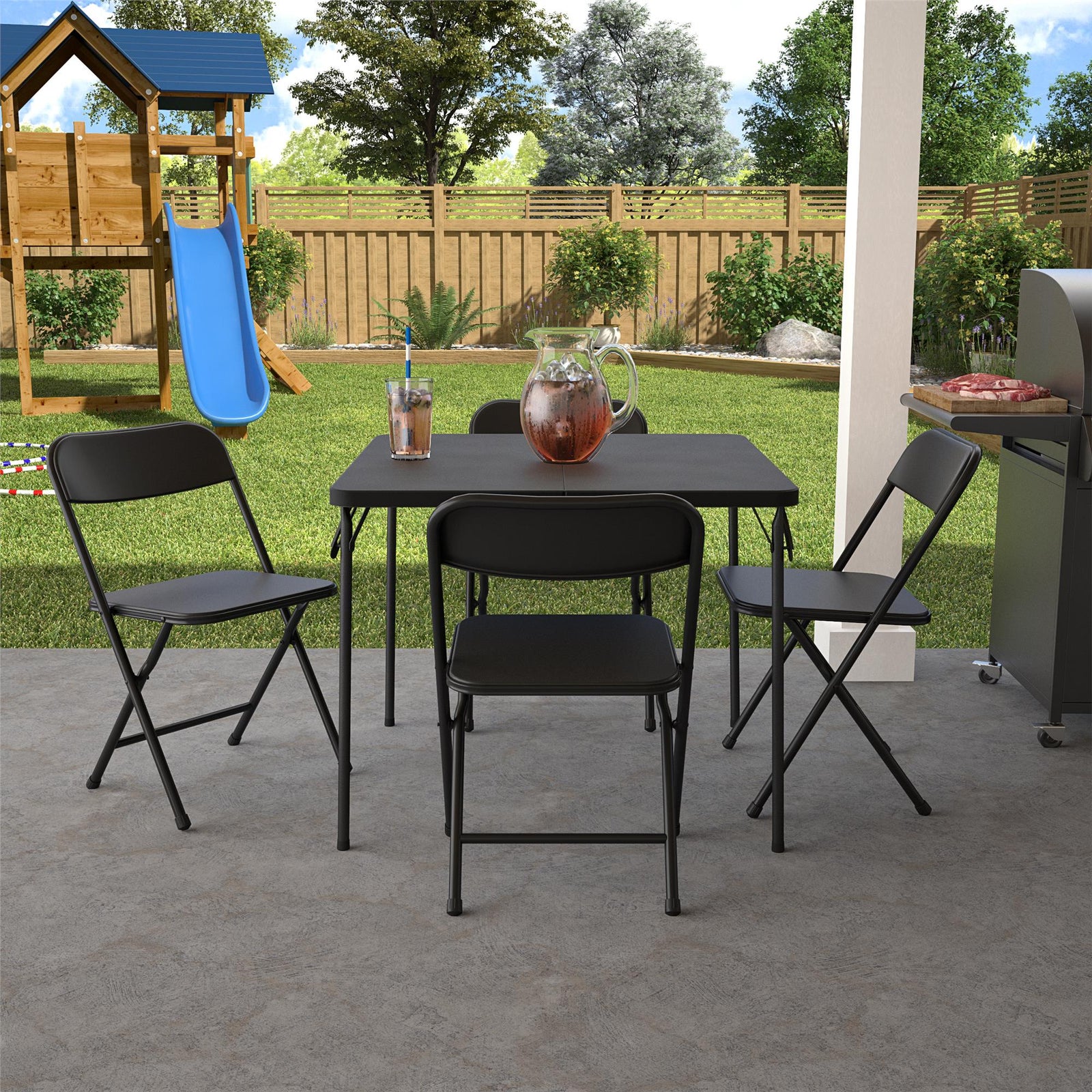 COSCO 5-Piece Solid Resin Centerfold Table & Chair Dining Set, Black - Black - 5 Piece