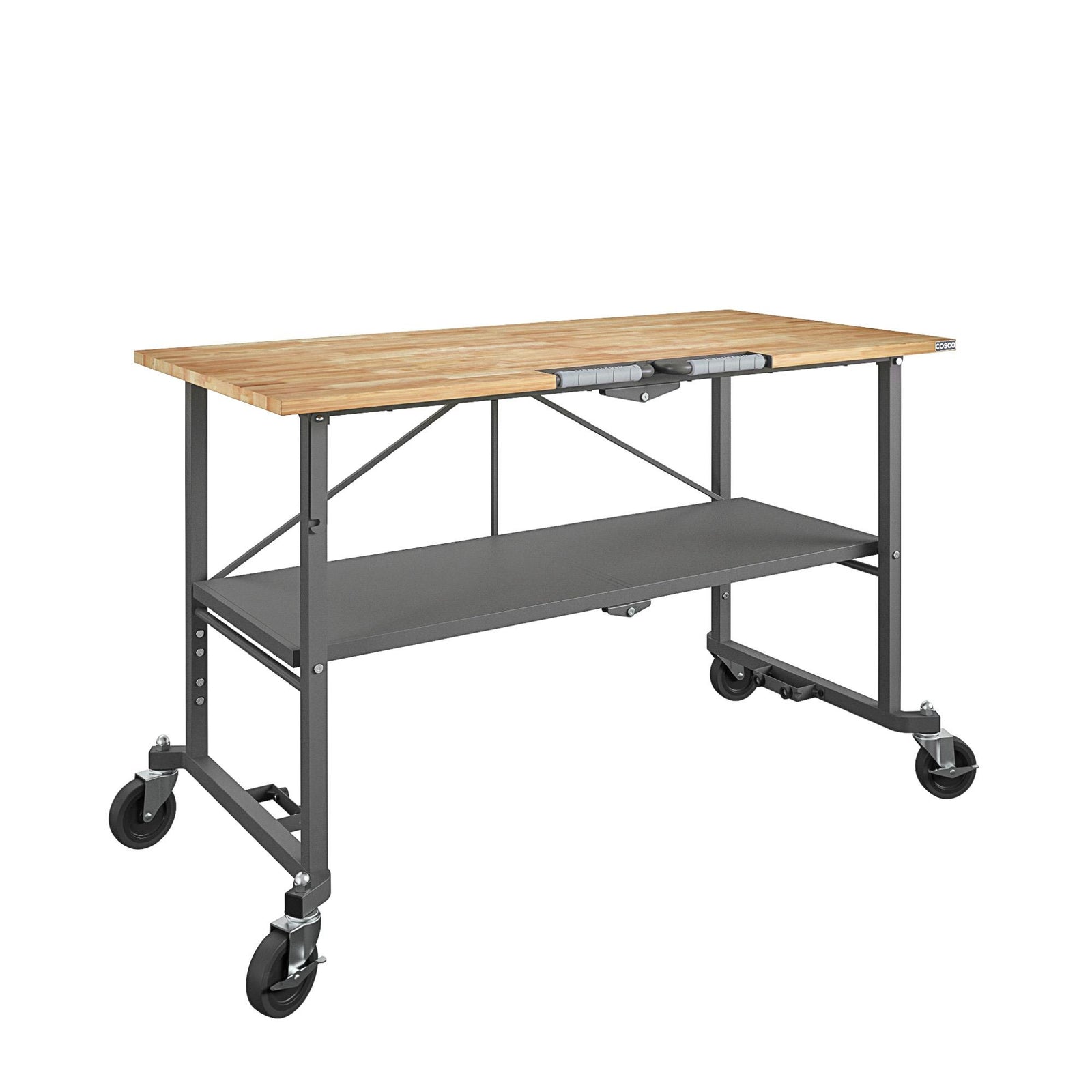 COSCO SmartFold Butcher Block Portable Workbench / Folding Utility Table (Gray Steel Frame) - Alabaster Pine