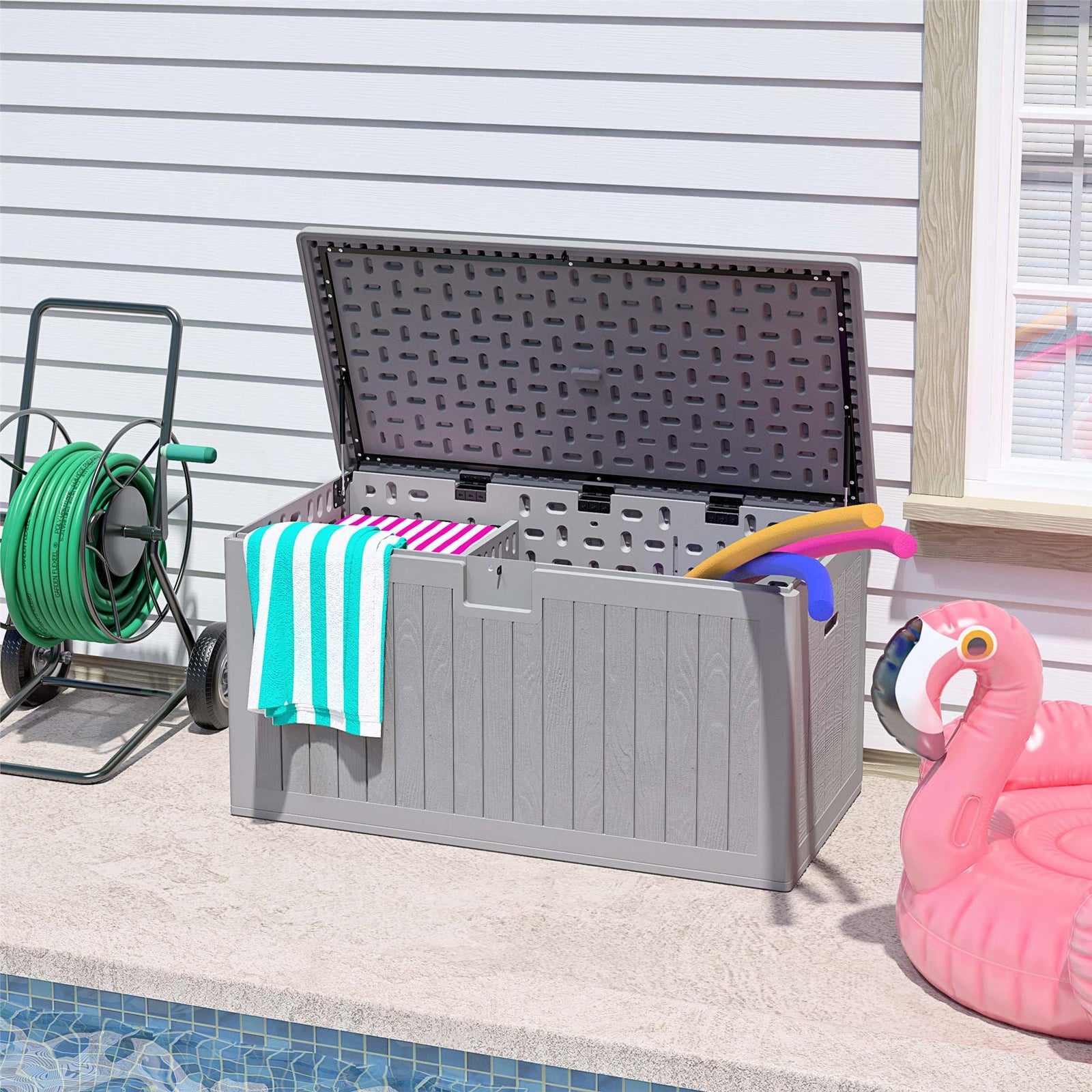 150 Gallon Blow Mold Outdoor Storage Box with Wood Grain - Fog Gray