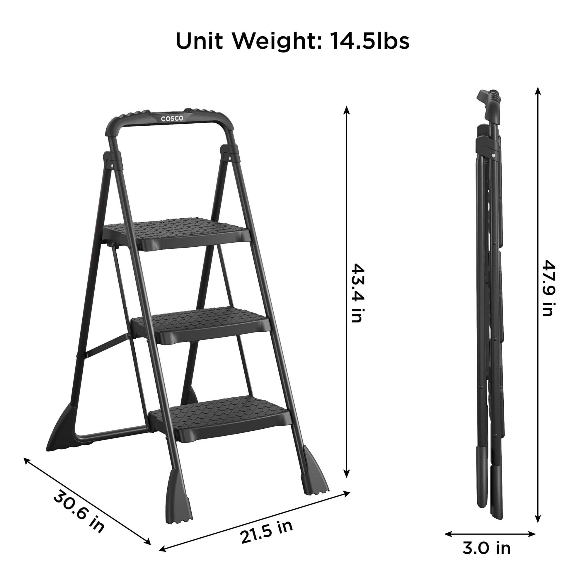 COSCO 3-Step Ladder, Folding Step Stool with Top Cap, Anti-Slip Steps ...