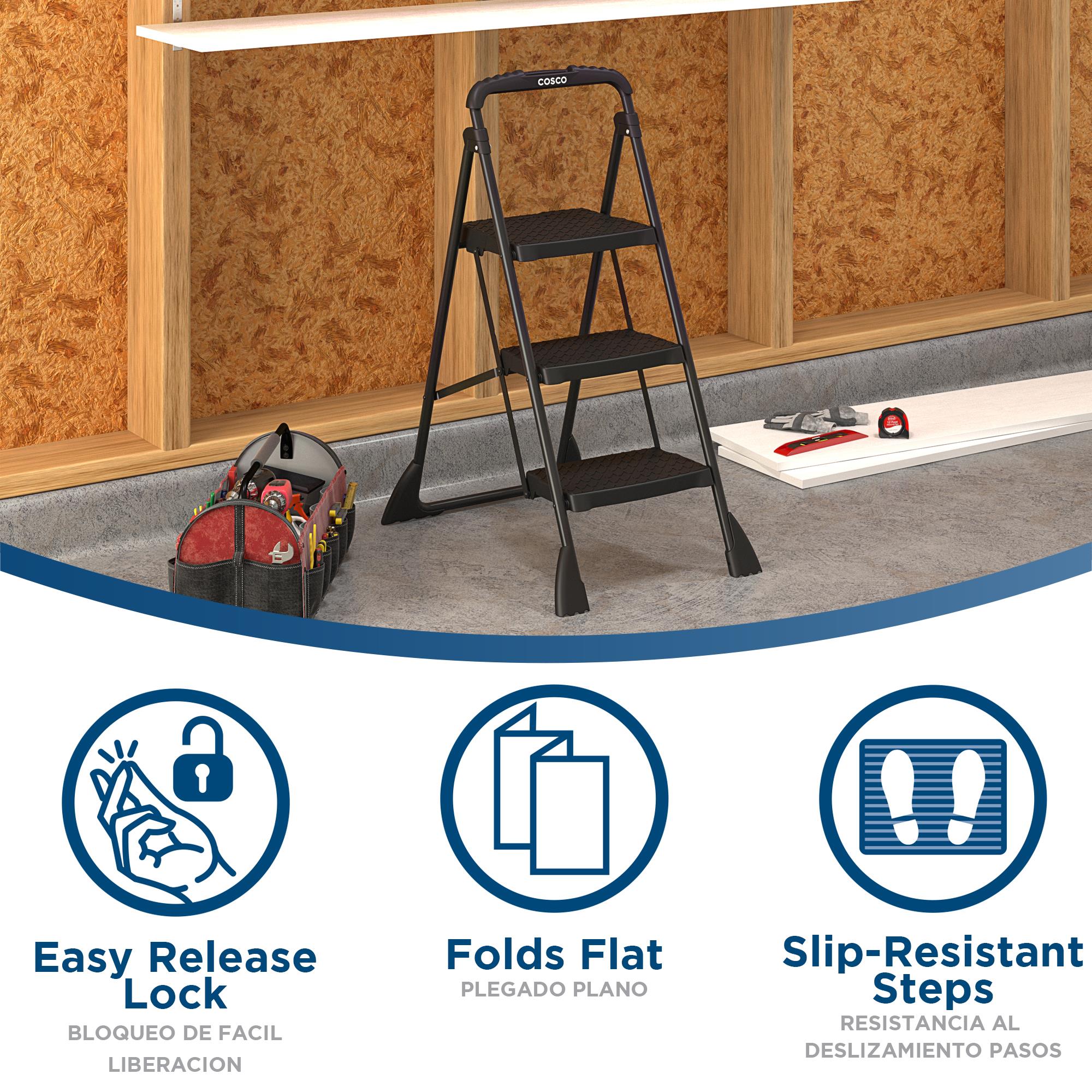 COSCO 3-Step Ladder, Folding Step Stool with Top Cap, Anti-Slip