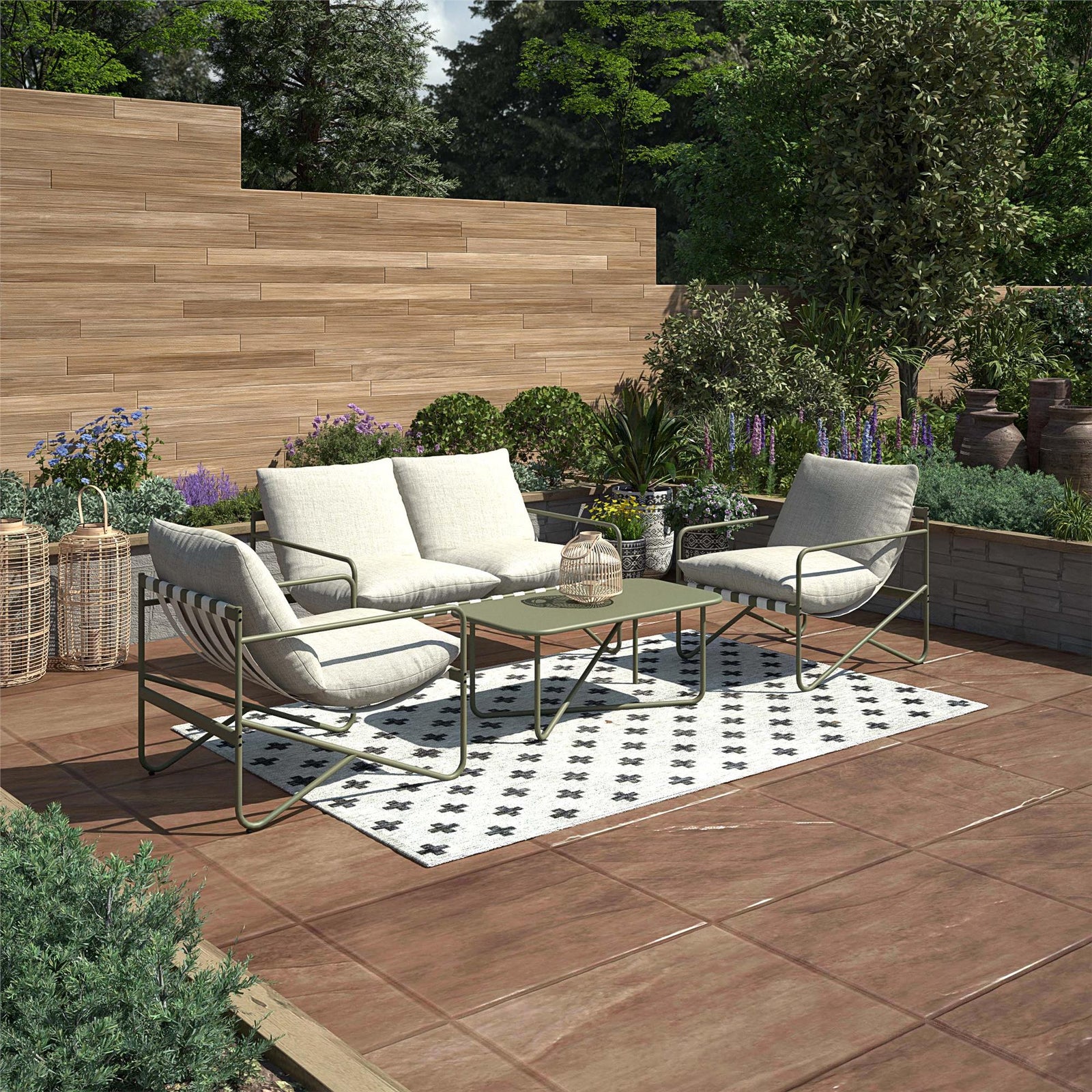 Wrenn 4-Piece Sling and Cushion Conversation Set by The Novogratz, Spanish Green - Green