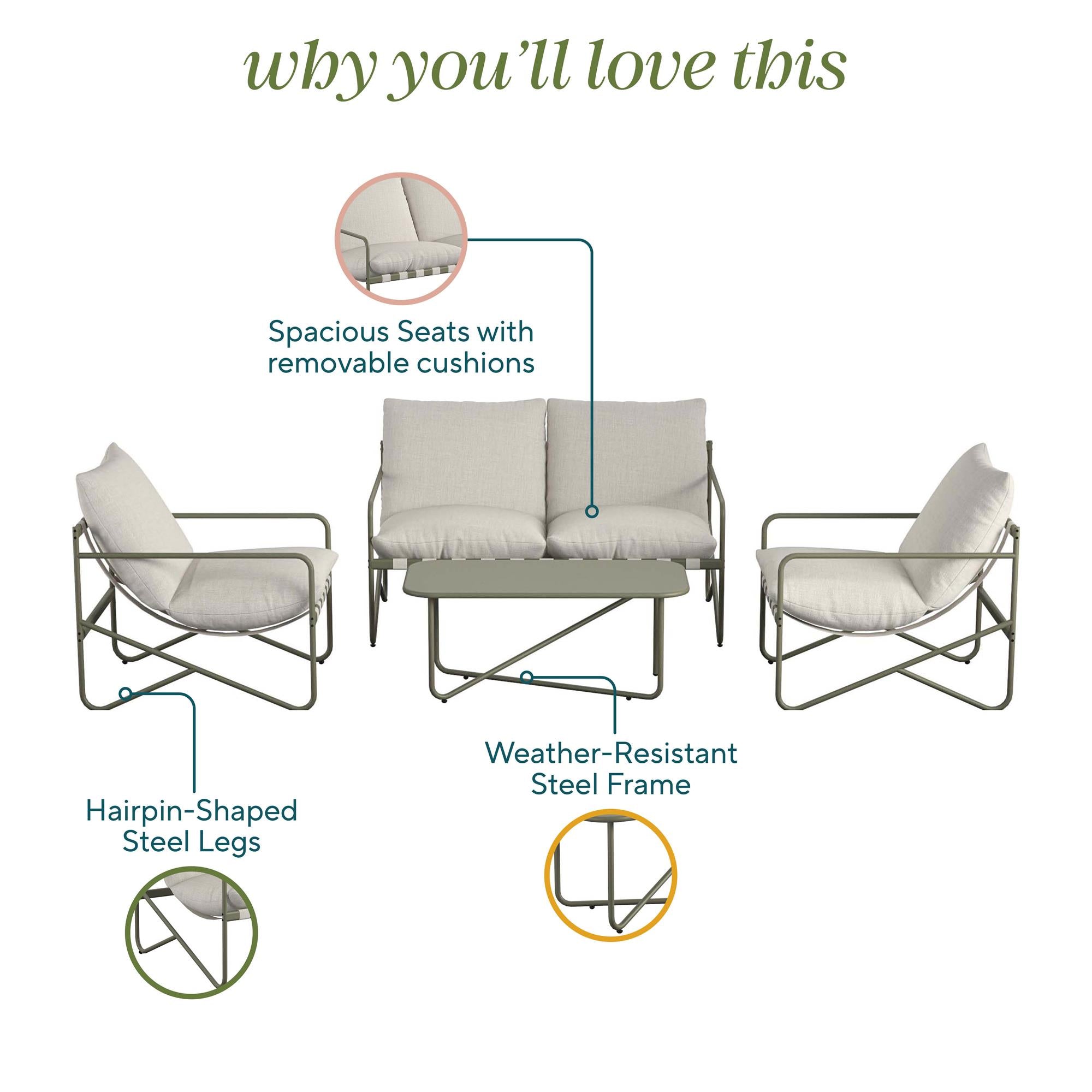 Wrenn 4-Piece Sling and Cushion Conversation Set by The Novogratz