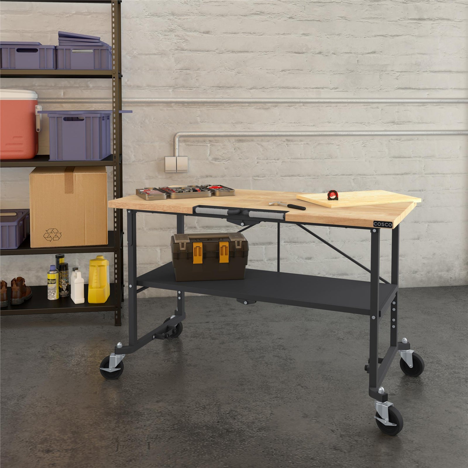 COSCO SmartFold Butcher Block Portable Workbench / Folding Utility Table (Gray Steel Frame) - Alabaster Pine