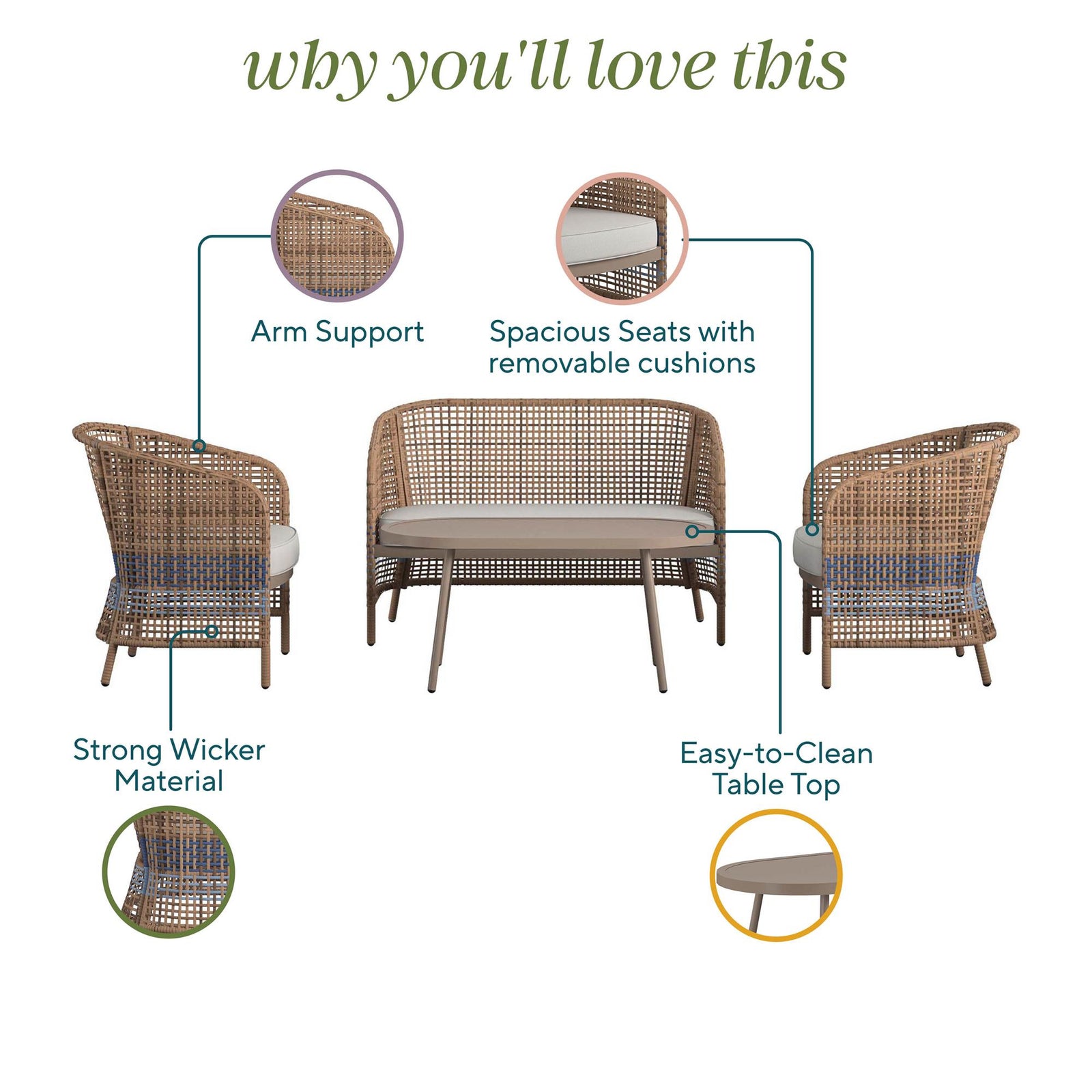 Ava 4-Piece Wicker Conversation Set by The Novogratz - Tan