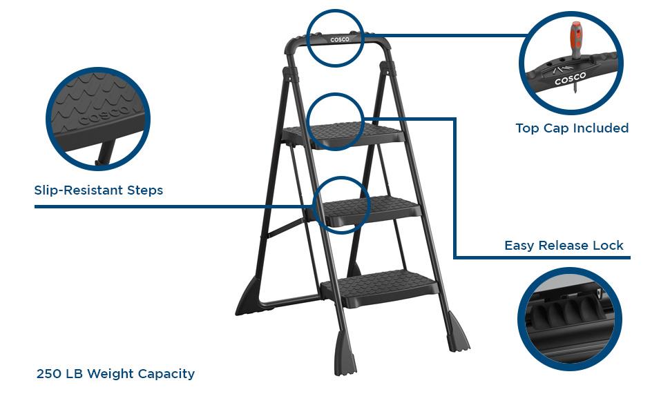 COSCO 3-Step Ladder, Folding Step Stool with Top Cap, Anti-Slip