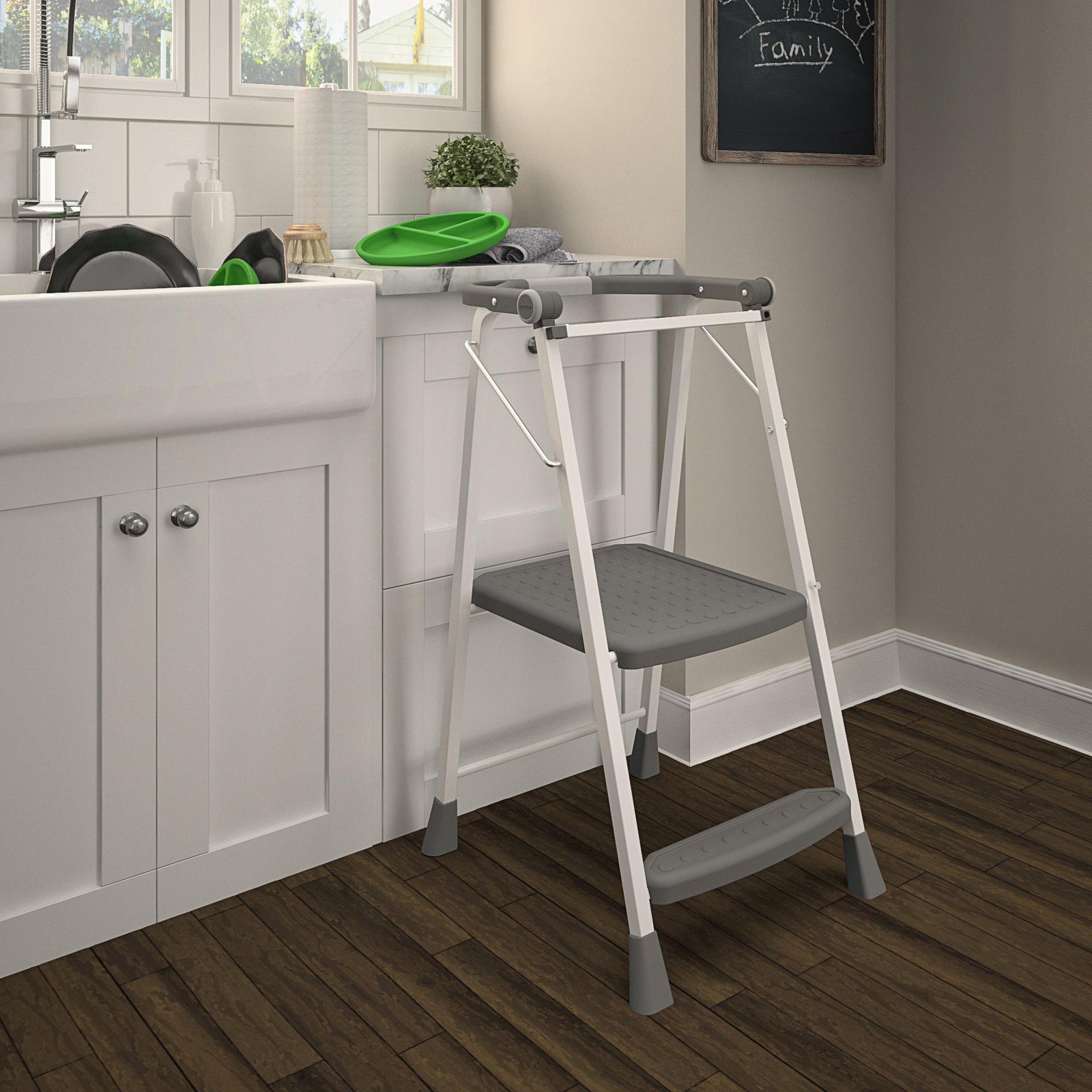 Kitchen Stepper™ Folding Step Stool - White / Grey - 2 Step