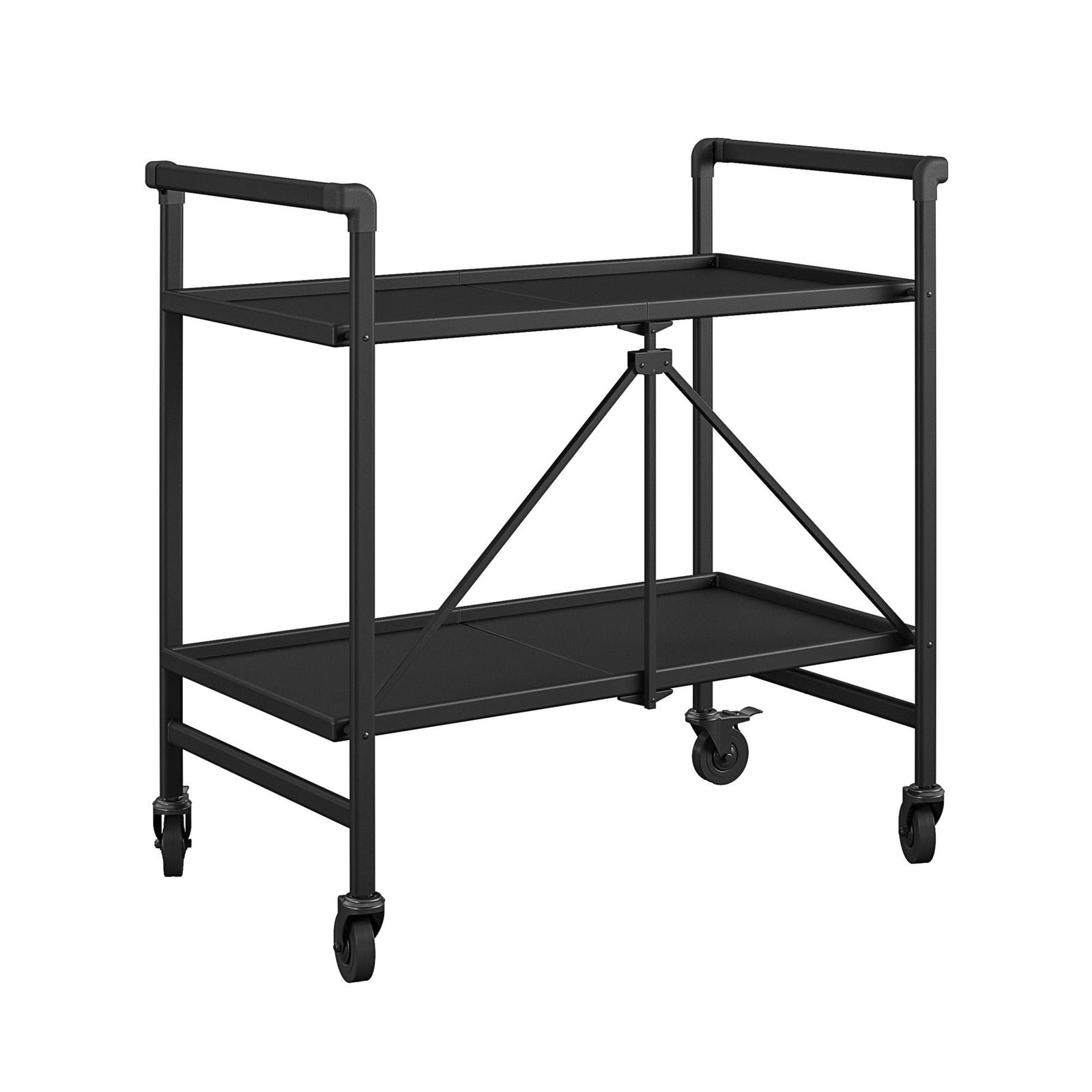 Folding Serving Cart with 2 Shelves - Black - Solid Shelf