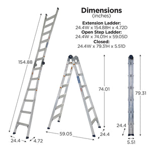 2-in-1 Step and Extension Ladder, 12 ft. 11 in Reach - Steel Gray - 16ft