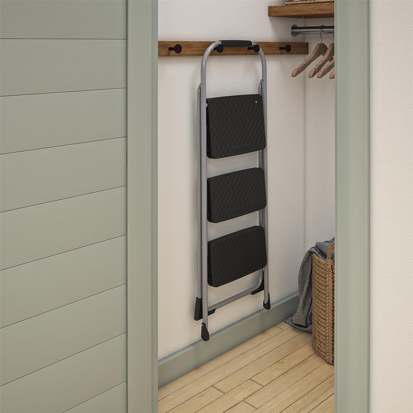 Three-Step Big Step Folding Step Stool with Rubber Hand Grip - Platinum/Black - 1-Pack